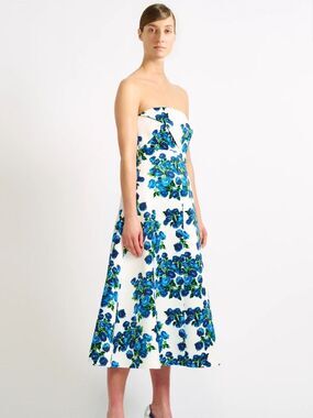 Emilia Wickstead SIMRAN BLUE FLORAL BOUQUET PRINT STRAPLESS DRESS